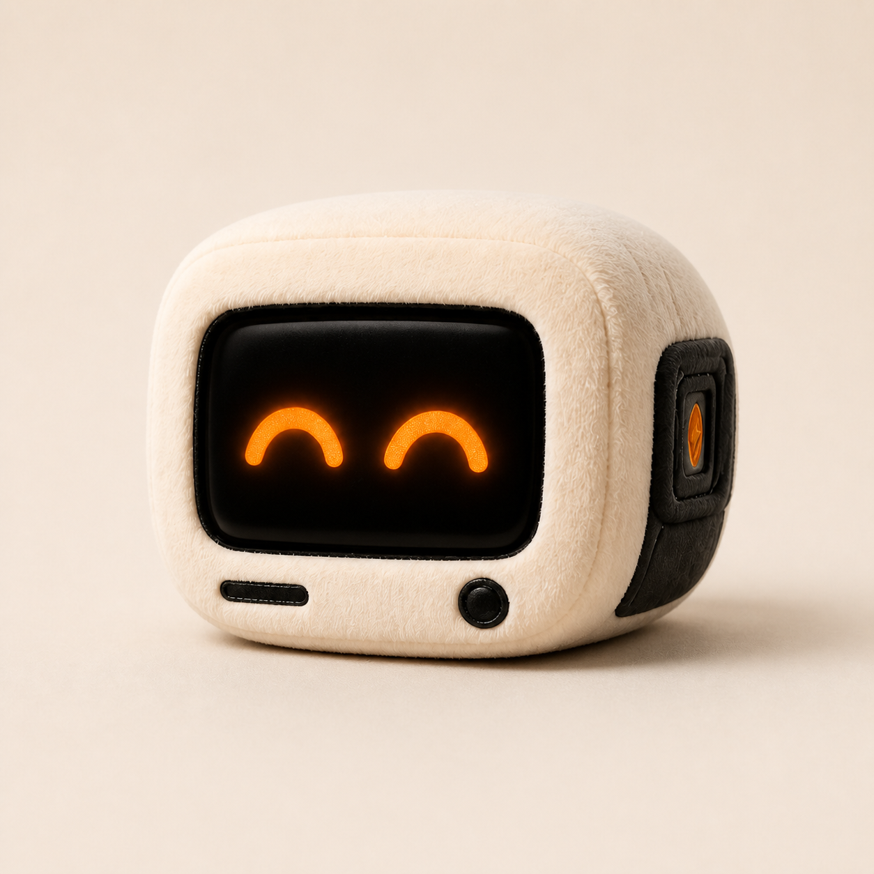 Standalone soft CRT head plush with orange smiling eyes and a side battery lightning symbol