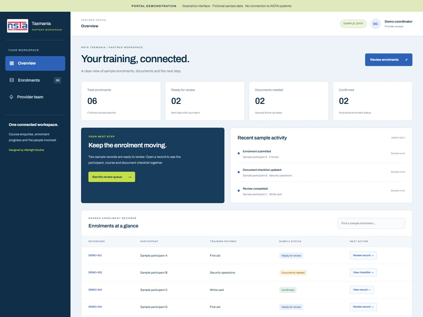 Illustrative NSTA provider portal with fictional sample enrolments